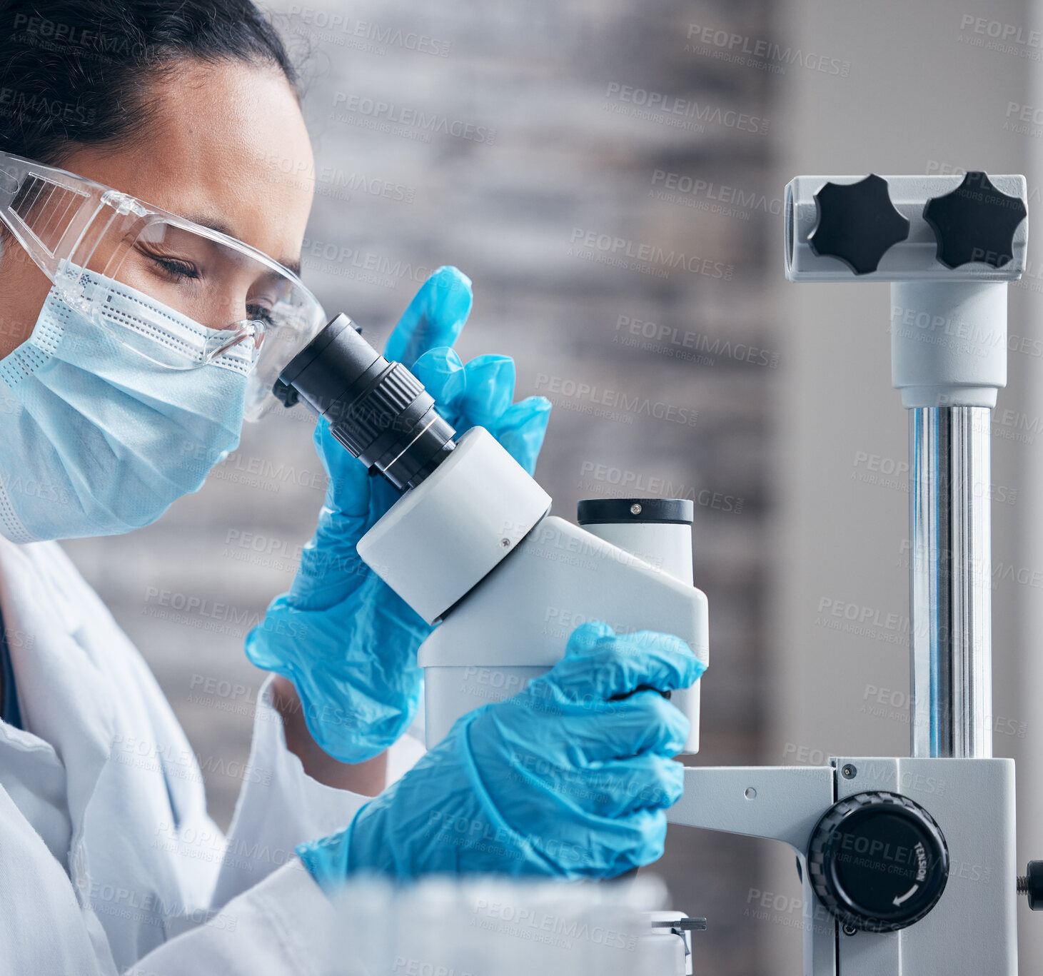 Buy stock photo Woman, scientist and research in lab with microscope for medical innovation and investigation with ppe safety. African lady, healthcare expert and virus or bacteria analysis for vaccine development