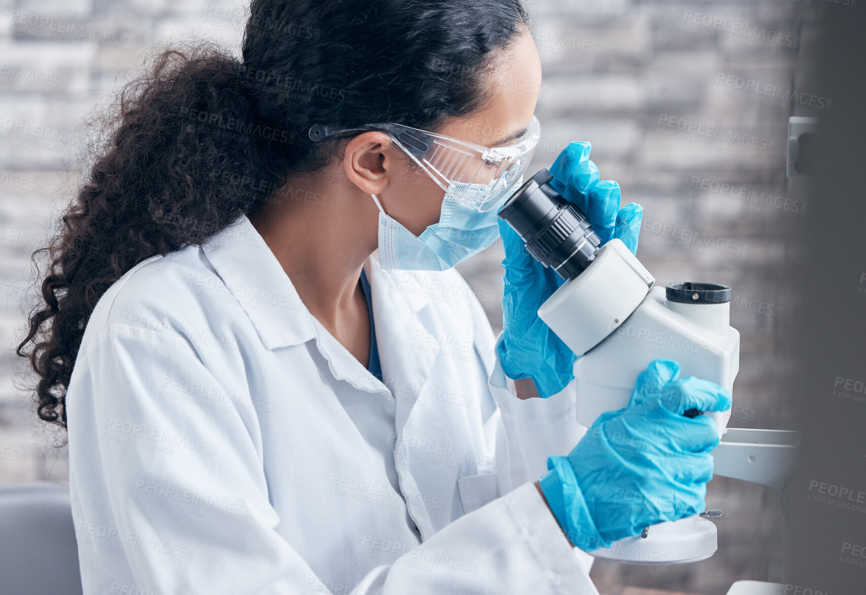 Buy stock photo Woman, microscope and science research in lab for medical innovation and investigation results with ppe safety. Female person, healthcare expert and dna or bacteria analysis for vaccine development