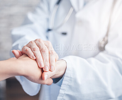 Buy stock photo Hands, health doctor and patient in hospital with support for empathy, diagnosis or cancer test results. Closeup, healthcare and people with compassion for comfort, bad news or communication