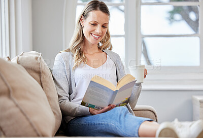 Buy stock photo Happiness, reading and woman with book on sofa for relax, information or story for entertainment in living room. Home, smile and female person with hobby for knowledge, literature or peace on weekend