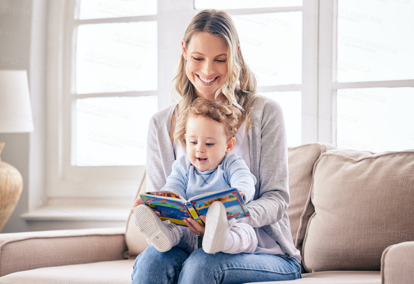 Buy stock photo Woman, child and reading book for story, fantasy and entertainment as parents in home for education. Female person, kid and learning for youth development, growth or curiosity with bonding as family
