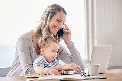 Buy stock photo Phone call, remote work and mother with baby, laptop and happiness with conversation, smile and project. Freelancer, home and mama with infant, computer and communication with joy and multitasking