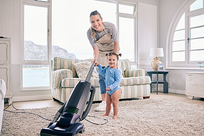 Buy stock photo Vacuuming, cleaning and portrait of child with mother, house wife or happy woman with smile or love. Stay at home mom, maid or cleaner with baby, toddler or girl for chores on carpet in living room