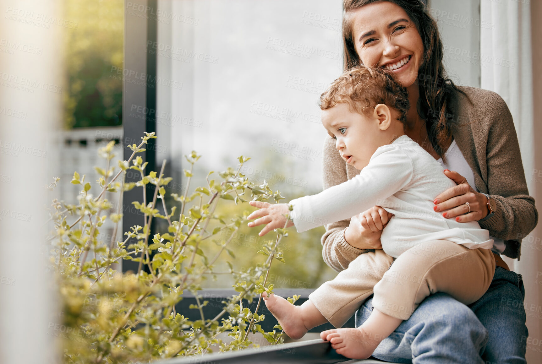 Buy stock photo Baby, happy woman and portrait on porch for love, development and growth at home. Mom, young boy and together at plants for security, support and bonding outside for joy, protection and mothers day