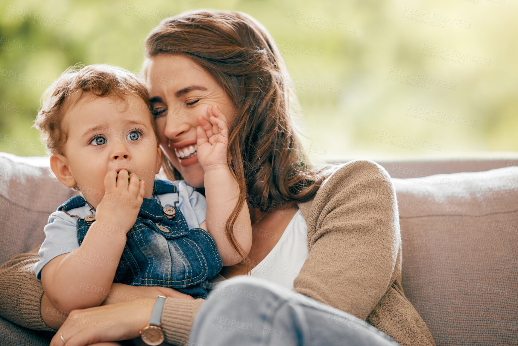 Buy stock photo Mother, baby and hug in home for childcare, love and support kid for development or growth in lounge. Mommy, son and embrace for safety in relationship, happy and relax on couch together for bonding