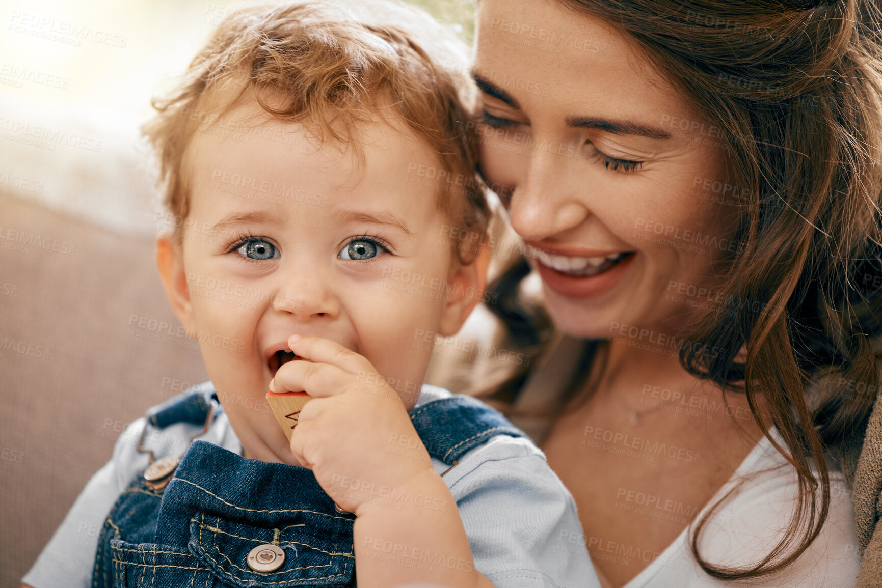 Buy stock photo Mother, baby and portrait in home for childcare, love and support kid for development or growth in lounge. Mommy, son and hug for safety in relationship, happy and relax on couch together for bonding