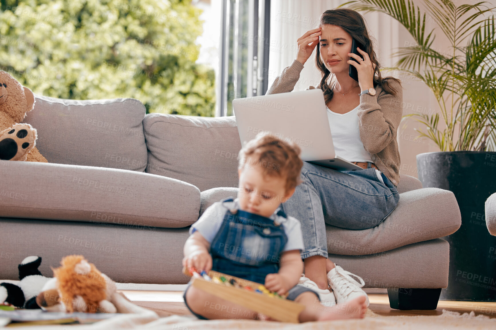 Buy stock photo Phone call, child and mother on sofa with laptop for discussion, conversation or information in living room. Boy, stress and woman with tech for kindergarten, registration or multitasking in home