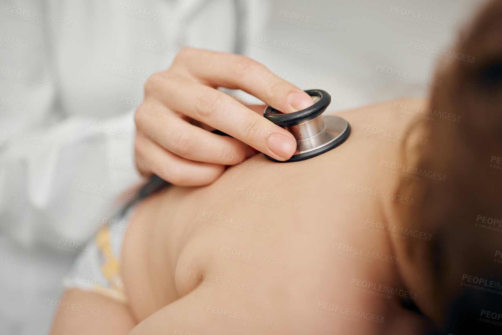 Buy stock photo Pediatrician, baby and heart beat in routine check up for growth, child development and vaccine. Infant, doctor and stethoscope at hospital for motor skills, health and behavior in screening test