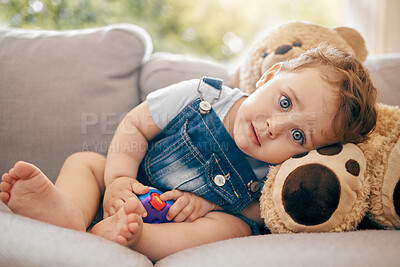 Buy stock photo Shot of a boy on the sofa at home