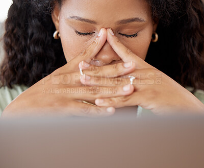 Buy stock photo Face, stress and woman with headache at laptop with work, burnout and fatigue from mental health problem. Working, tired businesswoman and pain from computer, technology and anxiety for company