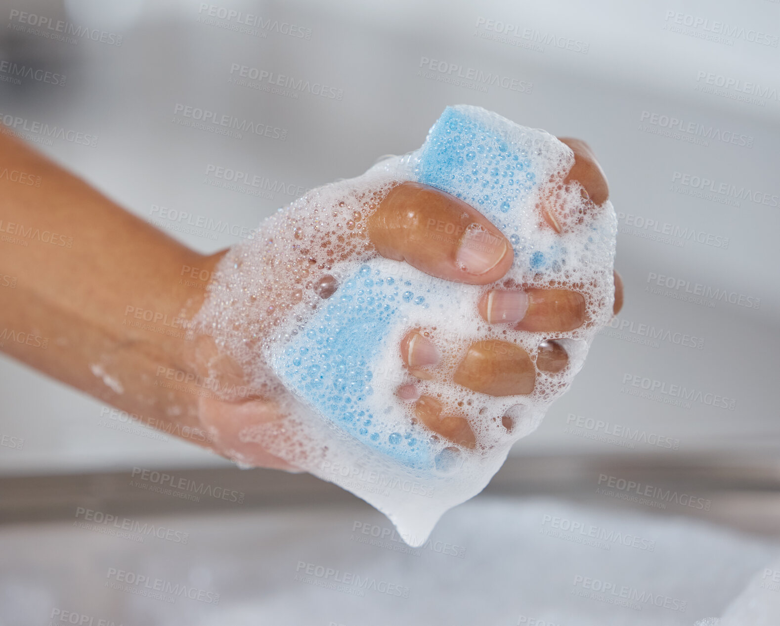 Buy stock photo Hands, foam and sponge for in kitchen for hygiene, cleaning and washing or housekeeping on weekend. Cleaner, water and soap for healthcare and safety or bacteria prevention in home or apartment