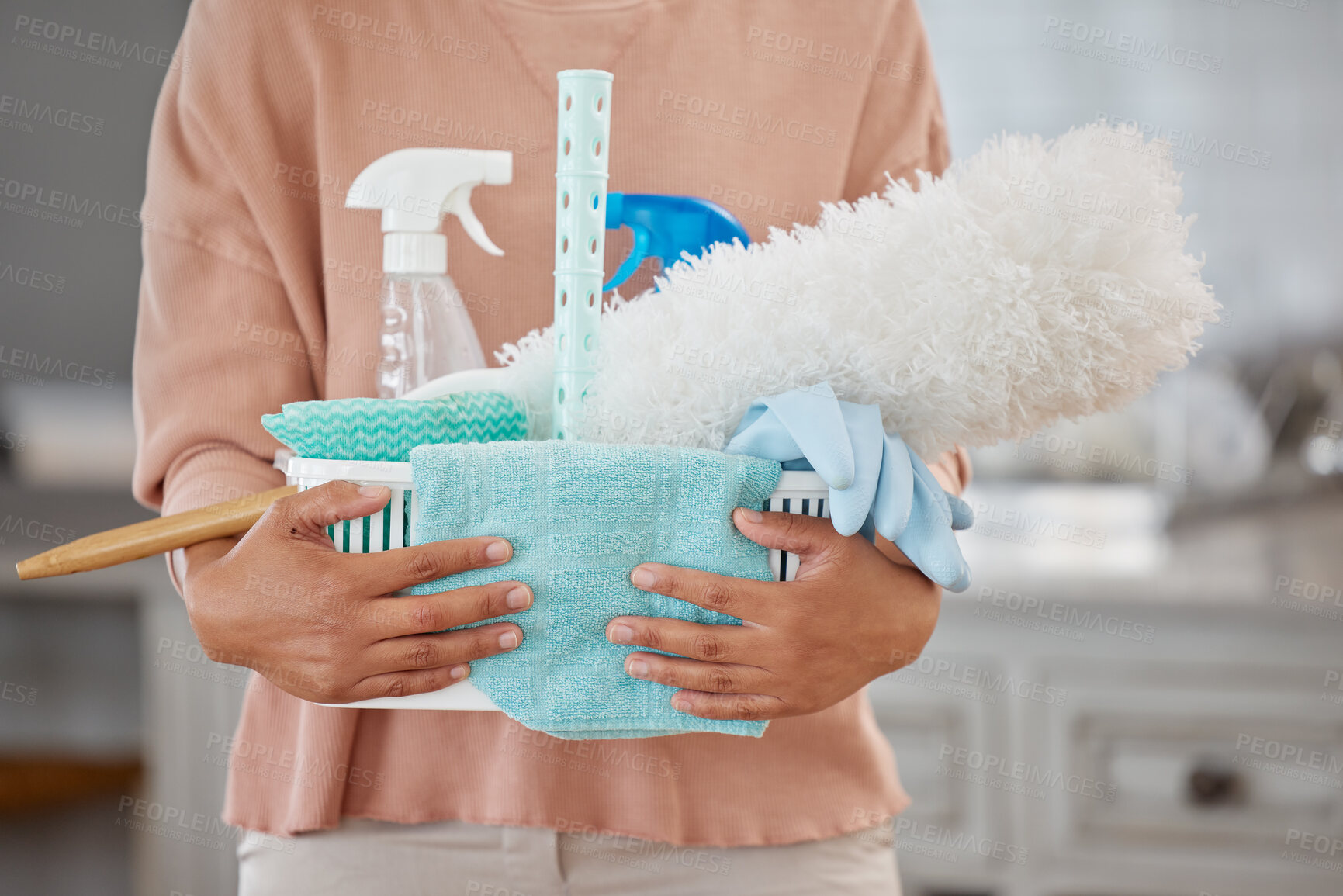 Buy stock photo Hands, woman and supplies basket with cleaning for housekeeping service, disinfection and chemical product. Cleaner or maid girl, container and sanitation equipment for virus or bacteria protection