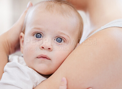 Buy stock photo Home, hug and portrait of baby with mother, safety and security as parent with protection. Family, woman or mom with adorable boy for love, child care and bonding together with connection in house