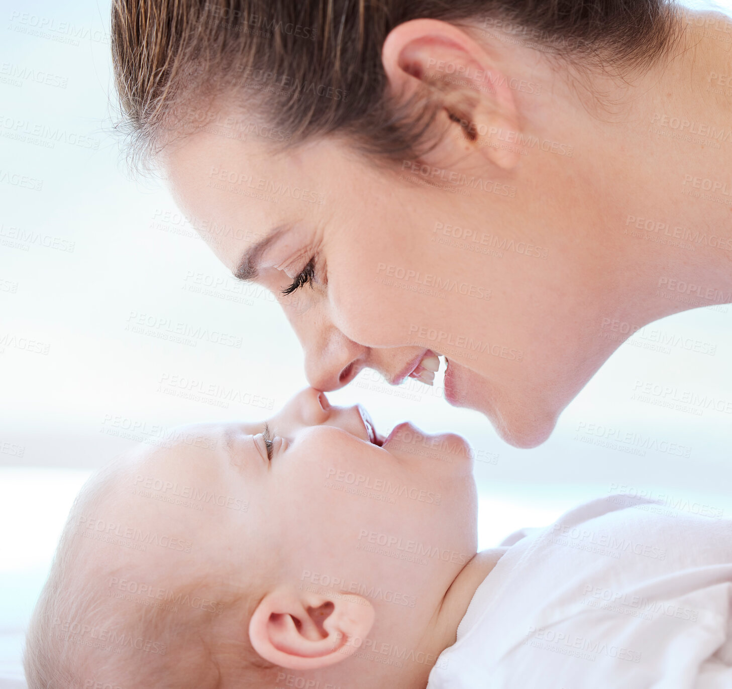 Buy stock photo Baby, mom and nose kiss in bed for love, support and bonding together in morning at home. Family house, woman or mother with boy infant in nursery for laugh, connection and care for happy kid