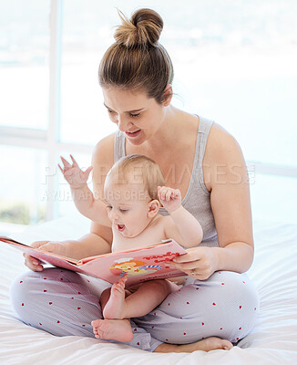 Buy stock photo Mother, baby and book for reading in bed with learning, knowledge and support for language development. Mama, young boy and excited for storytelling with fiction and child education in family home