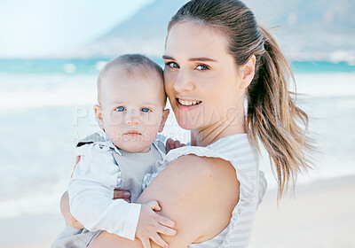 Buy stock photo Baby, mother and portrait on beach together for care, love and support or happiness in nature. Family, smile and woman or mama outdoor for childhood, development and adventure or sunshine in morning