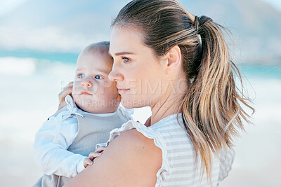 Buy stock photo Profile, woman and child by ocean together for care, love and support or happiness at beach. Family, baby and female person or mama in nature for childhood, development and adventure in summer 