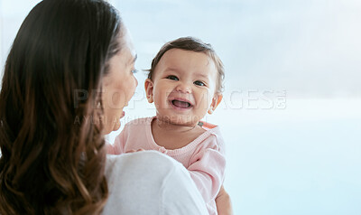 Buy stock photo Baby laughing, portrait and mom in a home with newborn, care and parent love together with mockup. Face, family and young girl child with mother back in a house with mama and childcare in lounge