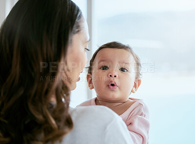 Buy stock photo Baby, portrait and mom in a home with newborn, care and parent love together feeling curious. Face, family and young child with mother back in a living room in house with mama and childcare in lounge