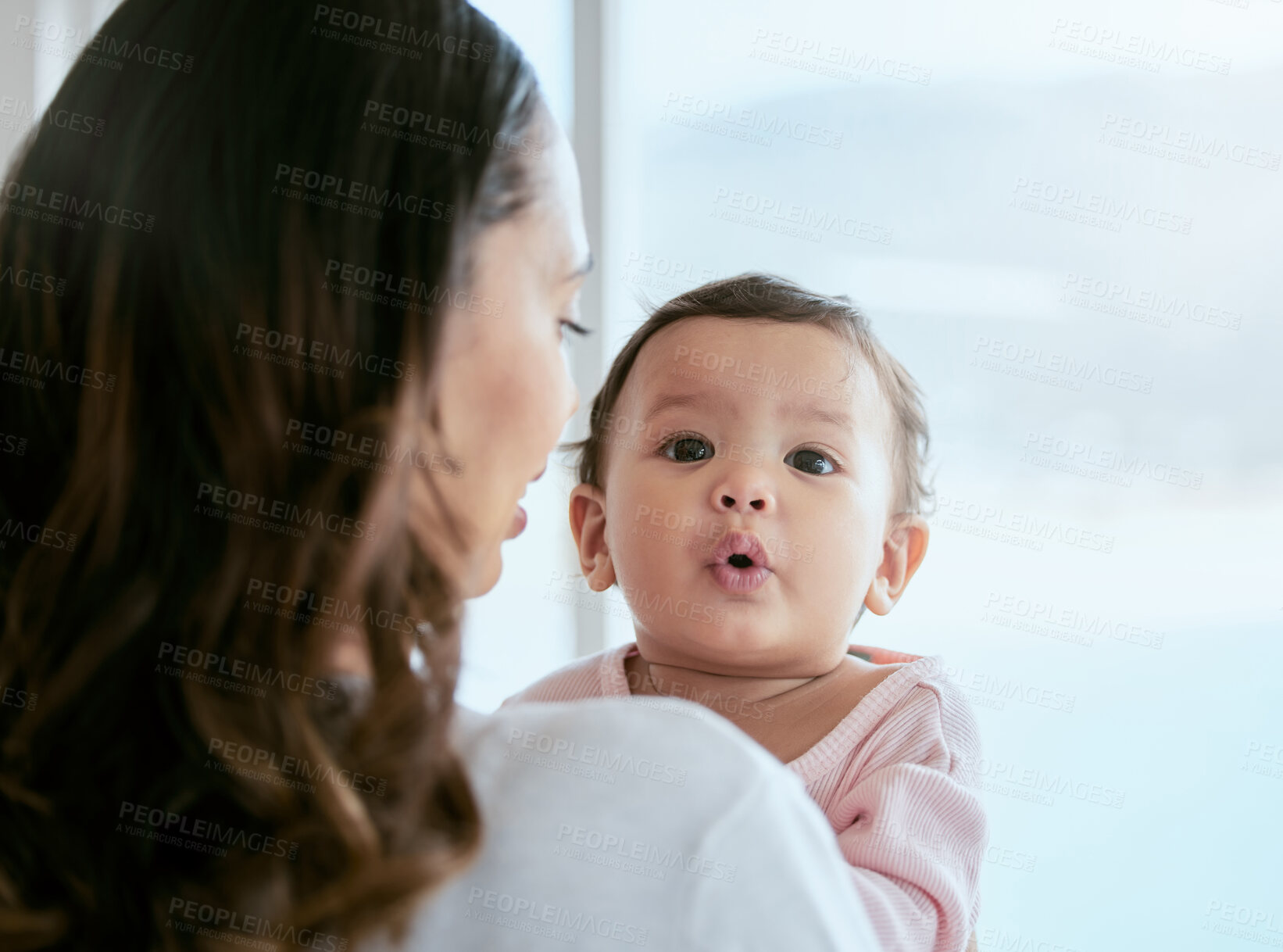 Buy stock photo Baby, portrait and mom in a home with newborn, care and parent love together feeling curious. Face, family and young child with mother back in a living room in house with mama and childcare in lounge