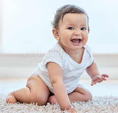 Buy stock photo Happy, smile and baby on floor in home for child development, wellness and growth. Family, childhood and portrait of young infant in living room for learning to crawl, playing and relax in house