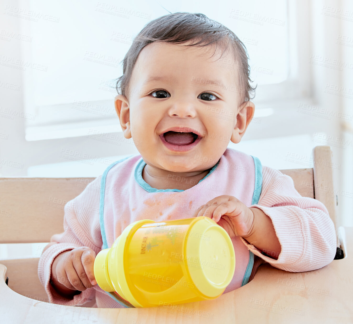 Buy stock photo Girl, baby and happy with bottle in portrait for nutrition, growth and formula for health in family home. Infant, child and smile for milk, juice and drink for development with wellness in morning