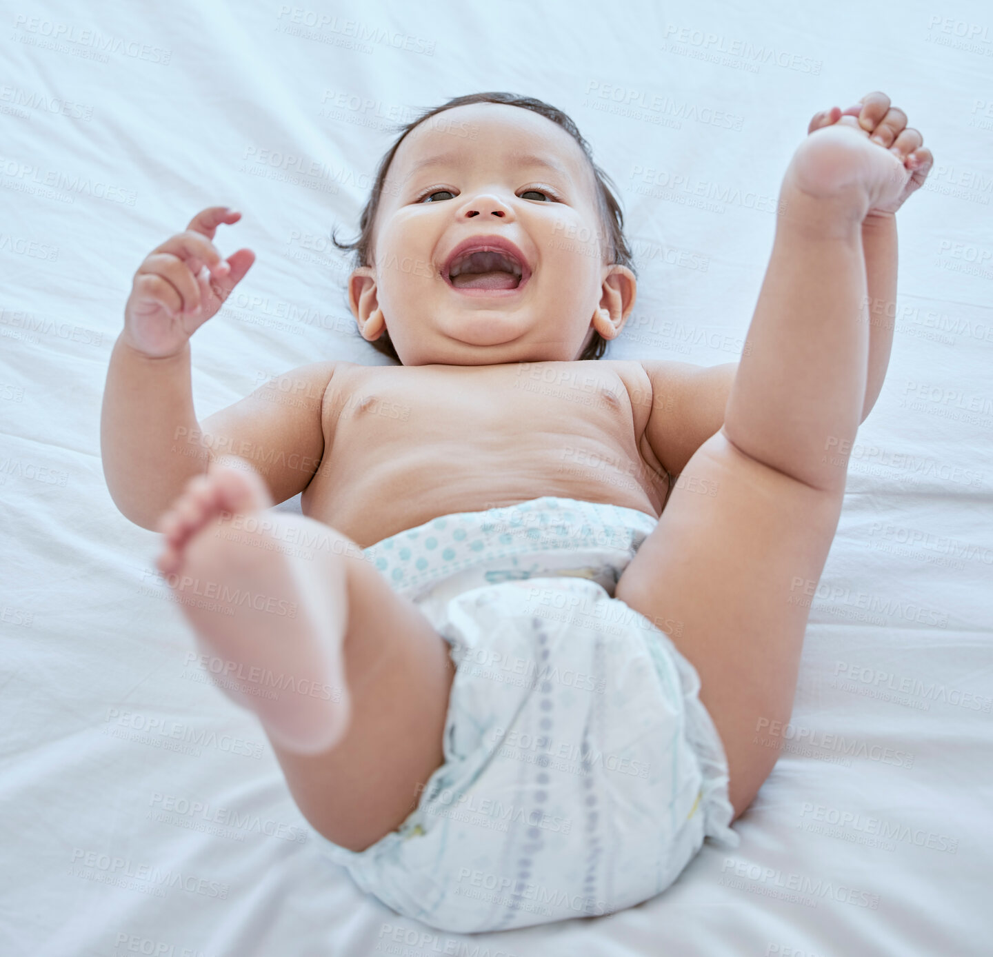 Buy stock photo Happy, playing and baby on bed in home for child development, wellness and growth. Family, childhood and closeup of young infant in bedroom to change nappy with smile, laughing and relax in house