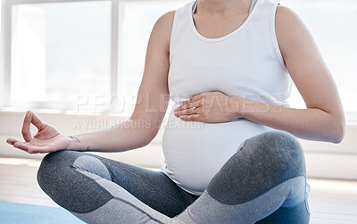 Buy stock photo Woman, pregnancy yoga and lotus on floor for health, exercise and wellness for body, mind and peace. Girl, pregnant and pilates with zen meditation, mindfulness and relax in gym, studio or house