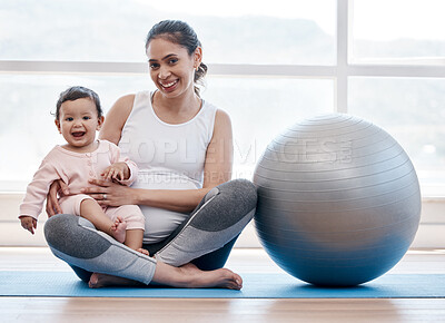 Buy stock photo Mom, baby and floor in portrait by exercise ball, laughing and bonding together for fitness, health and wellness. Workout, pregnant mother and newborn with happiness, home and excited face for yoga
