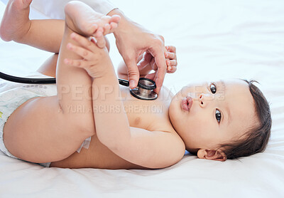 Buy stock photo Stethoscope, health and baby in a clinic, checkup and wellness with heartbeat, growth and cardiology. Closeup, young person and infant with medical issue, appointment and doctor with a child and care