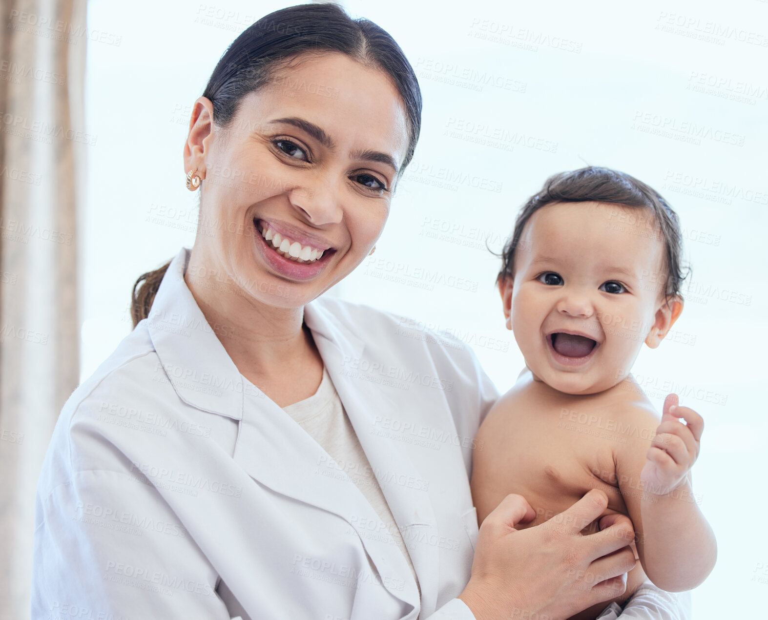 Buy stock photo Doctor, portrait and holding baby in clinic with helping, growth and happy for development, health and service. Pediatrician, child and woman with smile, care and assessment for wellness at hospital