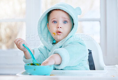 Buy stock photo Baby, food and mess in feeding chair with eating, learning and portrait for health, nutrition and care in family home. Infant child, hungry and container with breakfast, development and diet in house