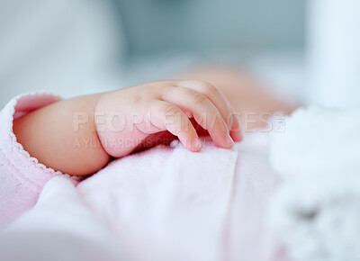 Buy stock photo Shot of a little baby's hand while they sleep