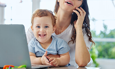 Buy stock photo Cropped portrait of an adorable little boy sitting with his mother while she works in the kitchen at home