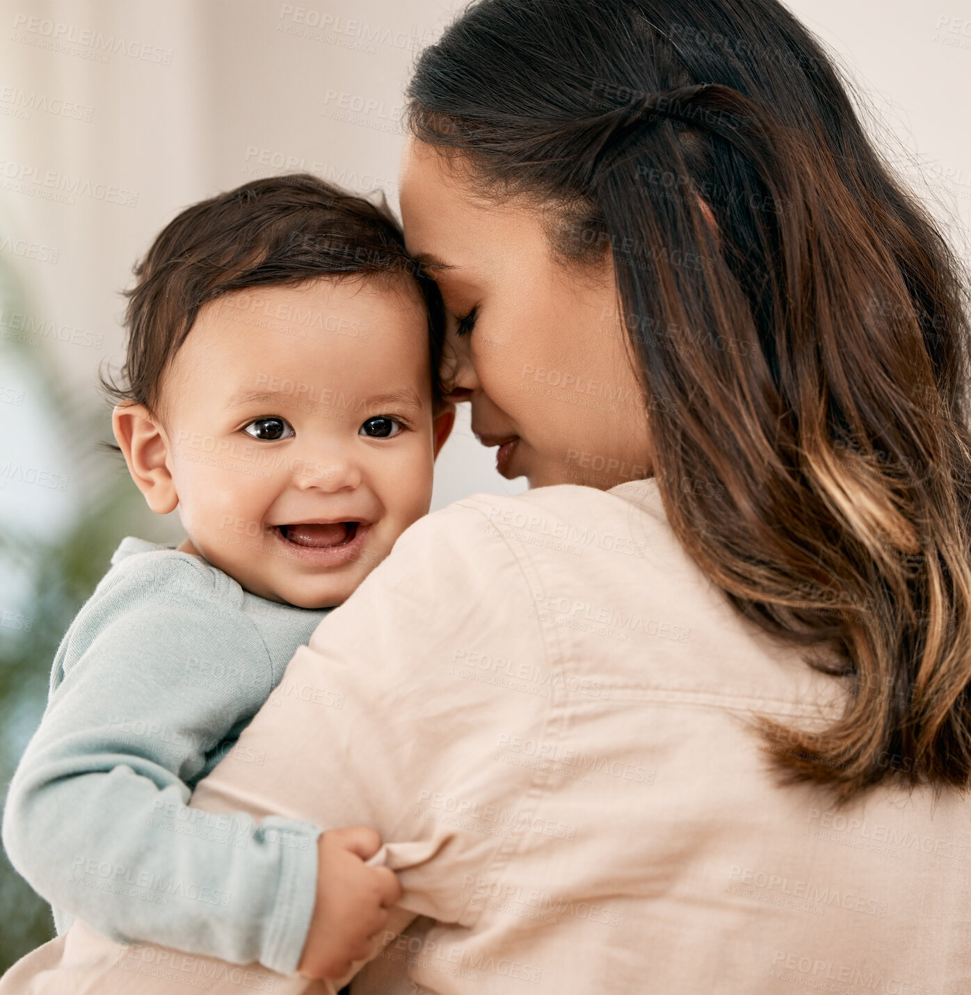 Buy stock photo Love, portrait and mother with baby, happy and smile during child development routine in their home together. Family, face and mom with girl toddler in living room having fun, embrace and loving