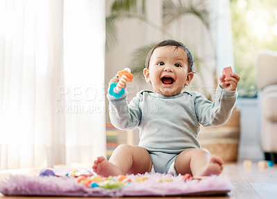 Buy stock photo Portrait, smile and happy baby with toys on floor for fun, playing and game at home. Face, excited and toddler boy with creative building blocks for child development, learning or play in living room