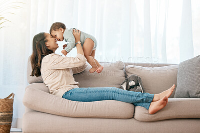 Buy stock photo Airplane, love and mother with baby on a sofa for games, playing and laughing in their home together. Family, smile and mom with girl toddler on a couch, relax and flying, fun and hug in living room
