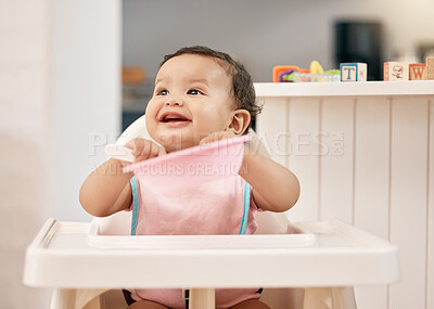 Buy stock photo Excited, baby and feeding chair for nutrition, growth and child development in home for diet or motor skills. Toddler, happiness and spoon with hungry, care and love for health, vitamin and milestone