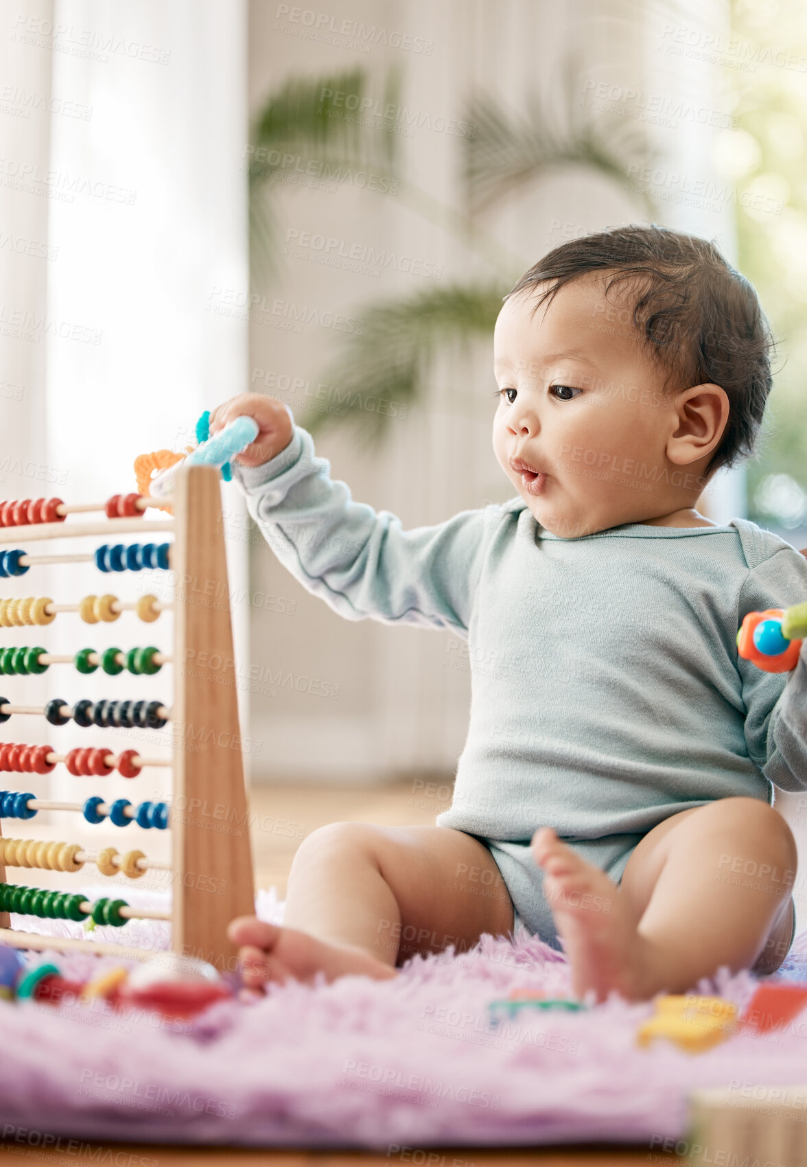 Buy stock photo Surprise, baby and toys for development in living room for growth, learning and game for support or care. Child, wow and play with abacus in home for motor skills and education with parent in lounge