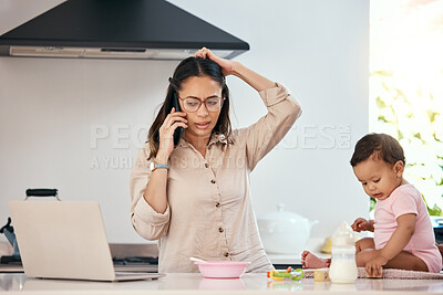 Buy stock photo Phone call, stress and woman with baby, laptop and busy freelancer worker with remote work project. Work from home, overwhelmed mother and child with cellphone, computer and burnout on virtual job.