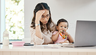 Buy stock photo Stress, remote work and mother with baby, laptop and busy freelancer worker with online project and infant girl. Working from home, woman and child with headache, anxiety and burnout in virtual job