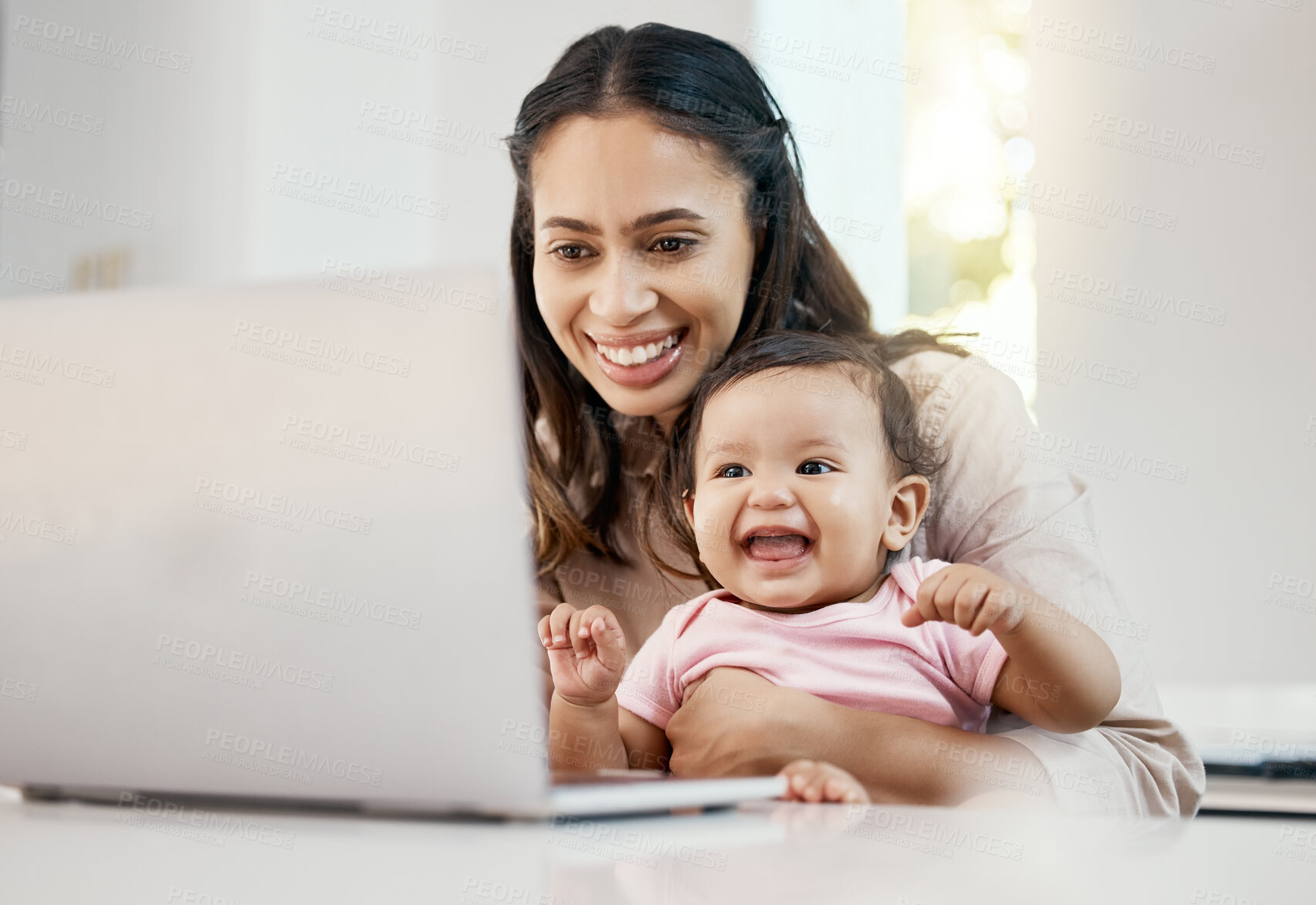 Buy stock photo Smile, remote work and woman with baby and laptop, happy freelancer worker with online project on maternity leave. Work from home, mother and toddler with happiness, internet search and virtual job.