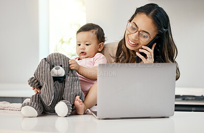 Buy stock photo Phone call, remote work and happy woman with baby, laptop, freelancer with online project on maternity leave. Working from home office, mother and child with cellphone and computer at virtual job