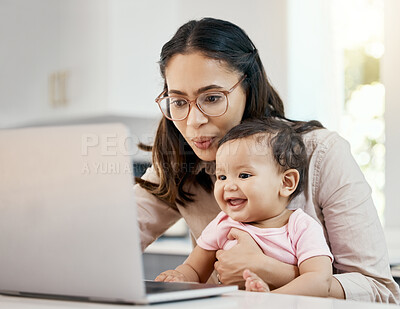 Buy stock photo Remote work, happy woman and baby with laptop, glasses and freelance worker with online project in apartment. Working from home office, mother and girl child with internet search and virtual job.