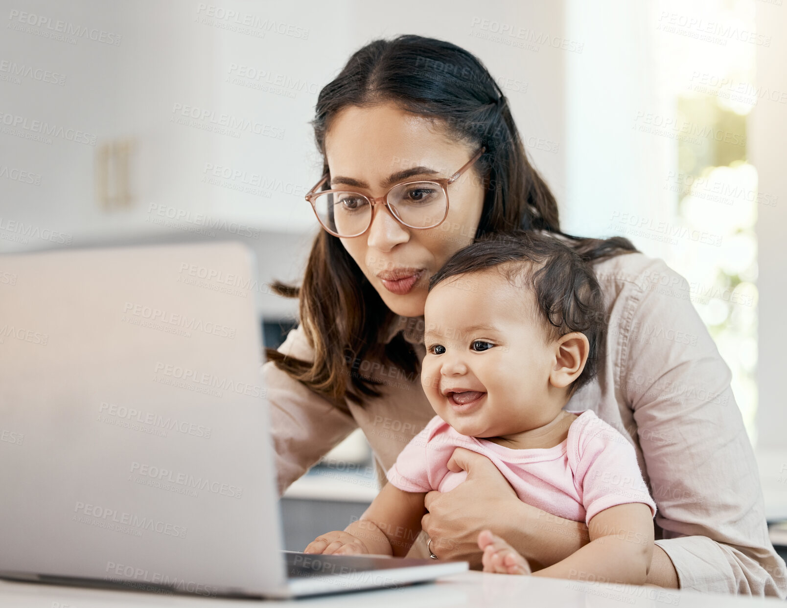 Buy stock photo Remote work, happy woman and baby with laptop, glasses and freelance worker with online project in apartment. Working from home office, mother and girl child with internet search and virtual job.