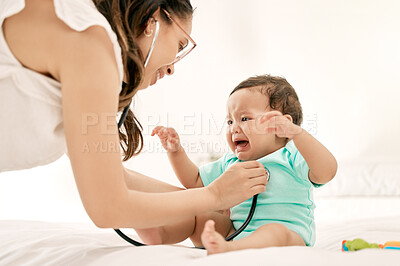 Buy stock photo Doctor, baby and woman with stethoscope in bedroom for consultation, pediatrics or chest checkup with home visit. Healthcare, female physician and crying child for discomfort, diagnosis or wellness