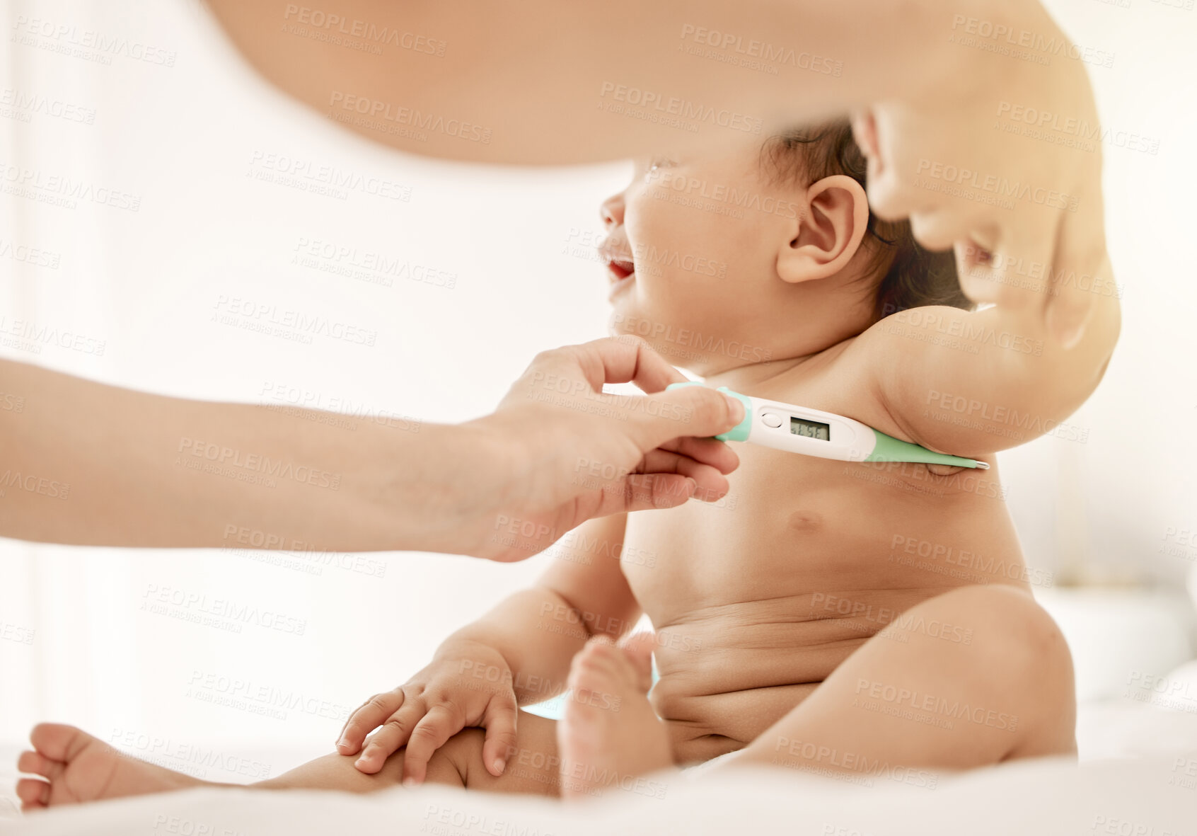 Buy stock photo Baby, care and parent in home with thermometer, fever testing and child with temperature monitor in house. Health, pediatric wellness and check for illness, axillary method and people in nursery