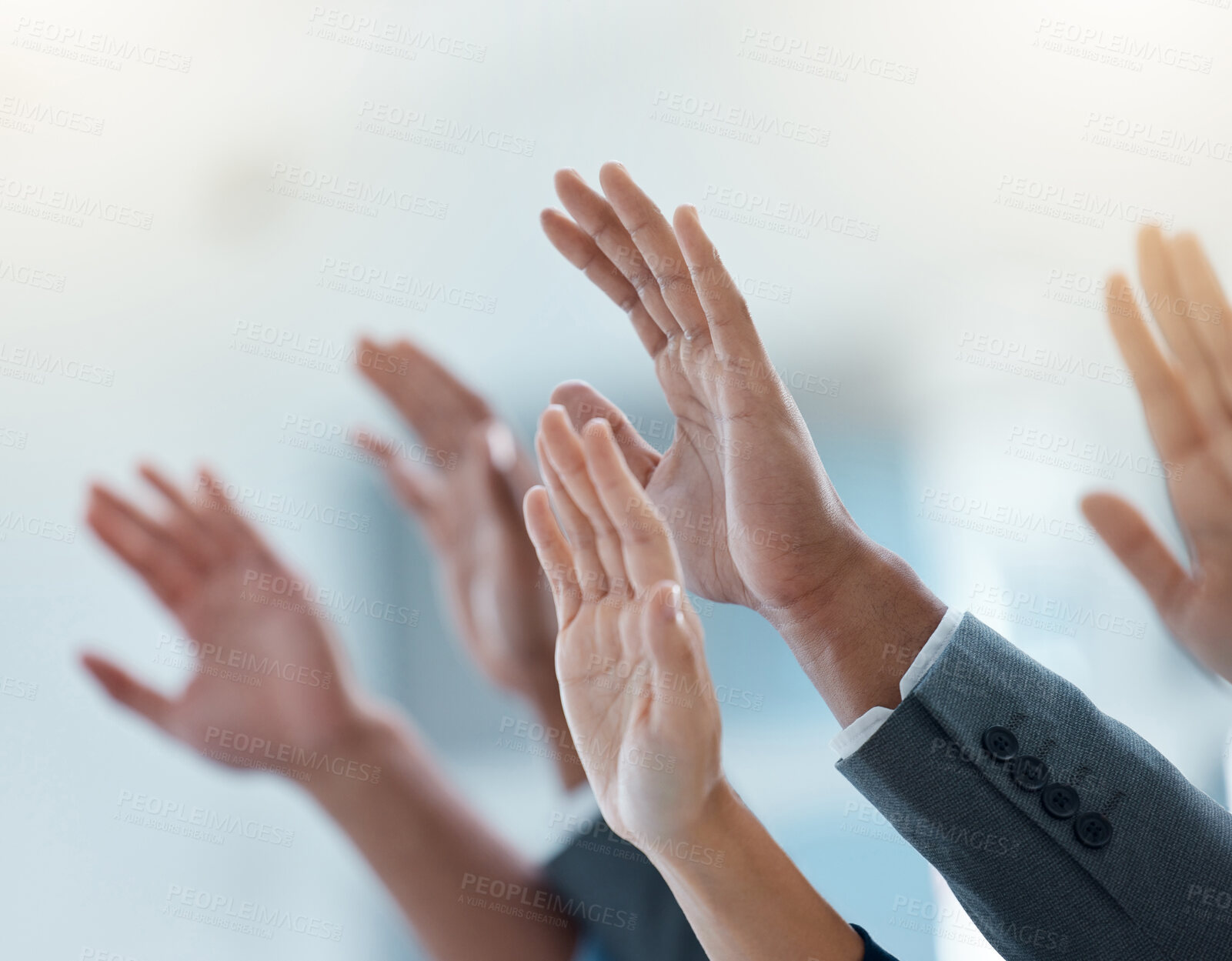 Buy stock photo Business people, team and hands raised for question, vote or feedback in conference room meeting closeup. Group, crowd and palm for answer, volunteer and audience ask in training seminar for learning