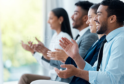 Buy stock photo Shot of a group of businesspeople applauding during a seminar in the conference room