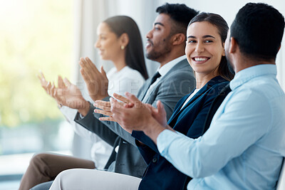 Buy stock photo Shot of a group of businesspeople applauding during a seminar in the conference room
